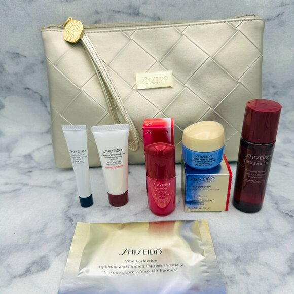 SHISEIDO Skincare Set-Gold Pouch,Concentrate,Cleasner Foam,Eye Cream&Mask7pc-NEW - Picture 2 of 16